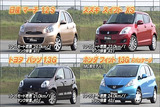 日産マーチ12S<br>
スズキスイフトXS<br>
トヨタパッソ1.3G<br>
ホンダフィット1.3GFパッケージ