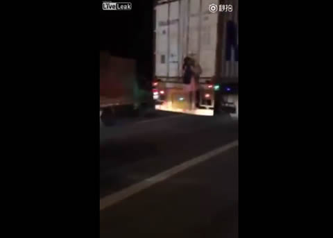 Truck carries school girl in rear on highway at night