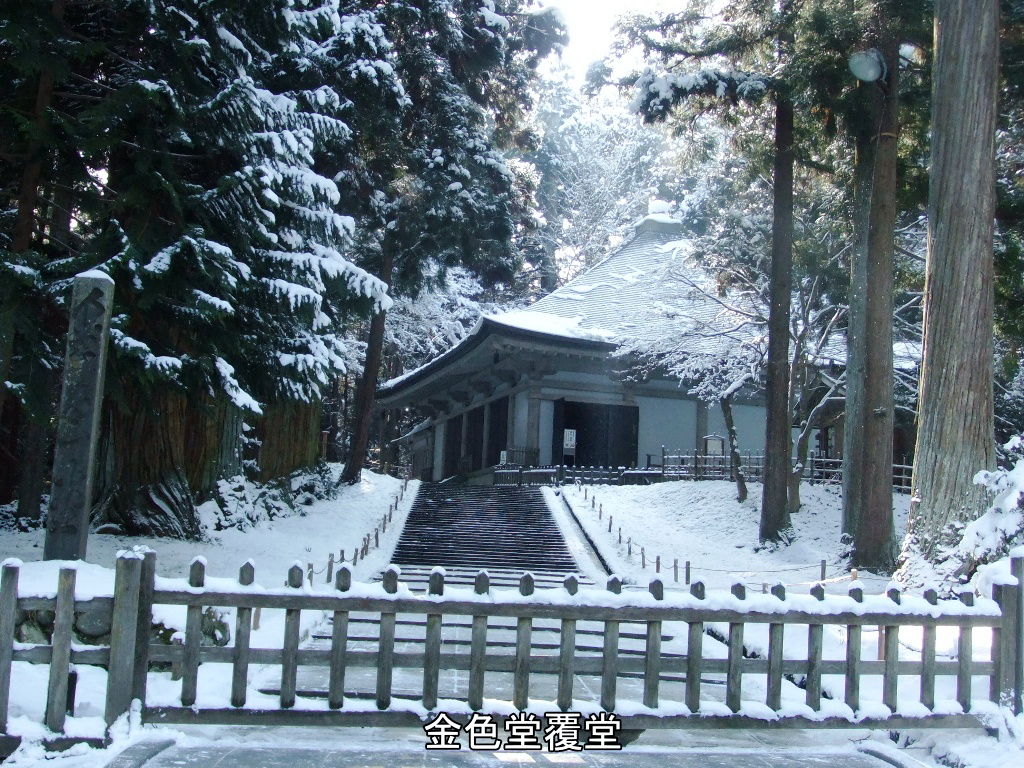 中尊寺金色堂覆堂前雪景色です