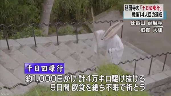比叡山延暦寺 「千日回峰行」達成。1000日かけて4万kmの山道を駆け抜け9日間断食して祈祷。戦後14人目