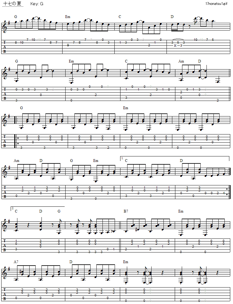 十七の夏 桜田淳子 ギター弾き語りタブ譜 : ギター弾き語りタブ譜など