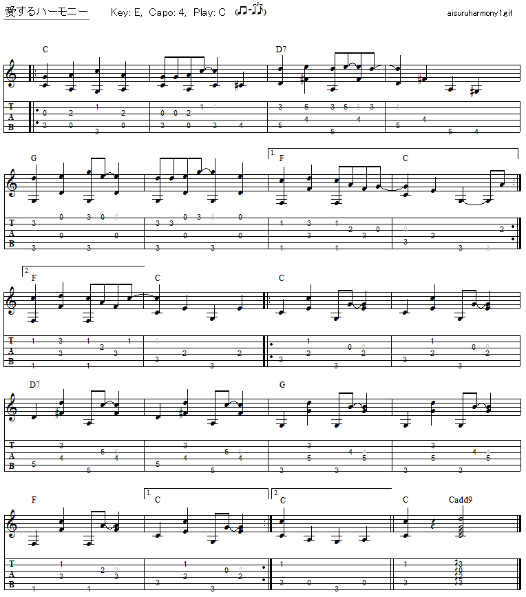 愛するハーモニー ニュー・シーカーズ ギター弾き語りタブ譜 : ギター