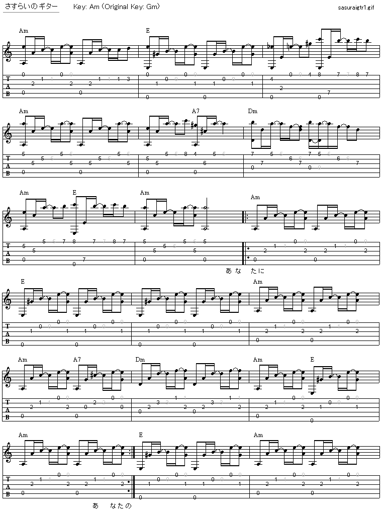 さすらいのギター 小山ルミ ギター弾き語りタブ譜 : ギター弾き語り