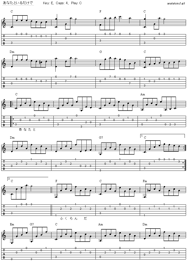 あなたといるだけで 荒木一郎 ギター弾き語りタブ譜 : ギター弾き語り