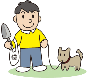 男がスコップ持ちながら小犬を散歩させる事案