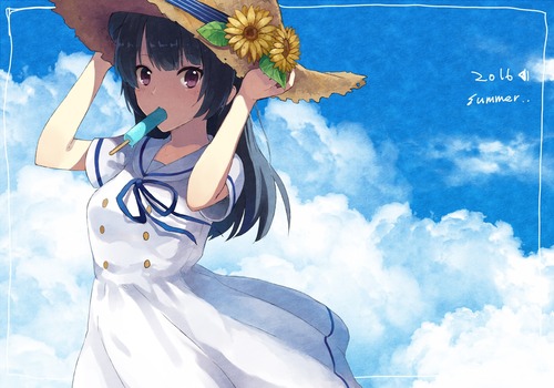 lovelive_sunshine ラブライブサンシャイン aqours・アクア 津島善子・堕天使ヨハネ 白ワンピース・麦わら帽子 アイス咥え イラスト 画像 壁紙