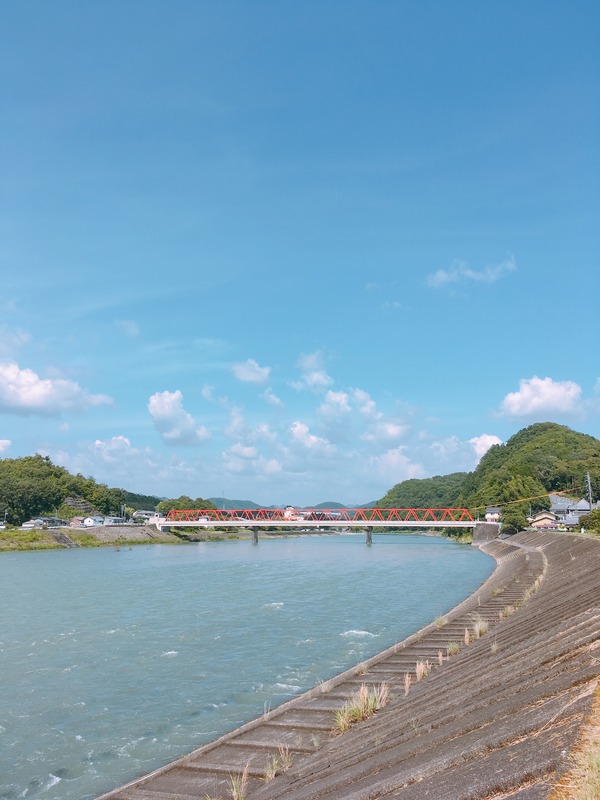 堤防から見た長良川と鮎之瀬橋。
