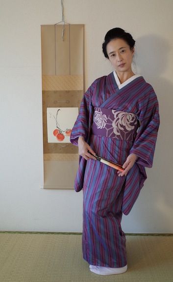 74 紫色に見える灰桃青の滝縞銘仙 : 気軽に楽しく美しく・銘仙の
