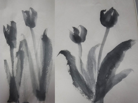 水墨画 チューリップ サイン入り e43a022ffe5bd991b277e8f985f6e5