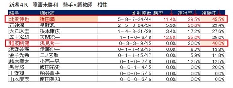 20 新潟4R 障害レース 騎手×調教師相性データ