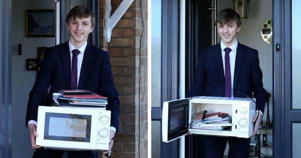 School-Bans-Bags-So-Student-Carries-Books-In-A-Microwave