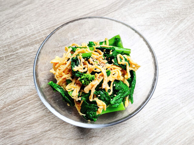 菜の花と錦糸卵の和え物 相生産業国賓味彩タレ ソースのお手軽レシピ 菜の花と錦糸卵の和え物 相生産業国賓味彩タレ ソースのお手軽レシピ