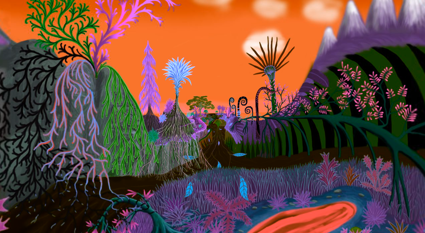 Arkadia's endlessly zooming botanical painting with bright surreal trees
