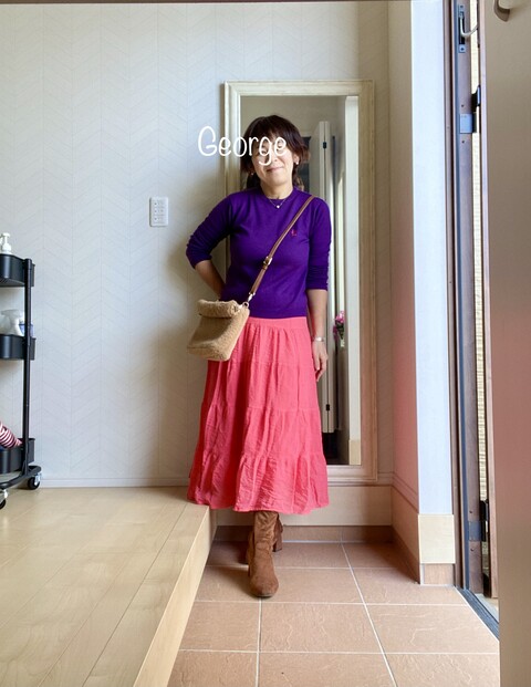 Peary Gatesのニットにしまむらのティアードスカート パープルとピンクの親子リンクコーデ Le Style George Peary Gatesのニットにしまむらのティアードスカート パープルとピンクの親子リンクコーデ Le Style George