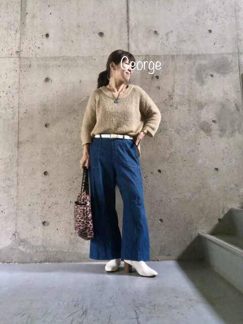 0218 Guの白ブーツを履きたくて デニムワイドパンツとラメニットの雪の日コーデ Le Style George