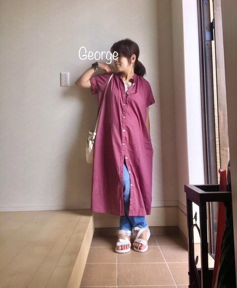 Guのバンドカラーシャツワンピ 黒小物でまとめた初夏コーデ Le Style George Guのバンドカラーシャツワンピ 黒小物でまとめた初夏コーデ Le Style George