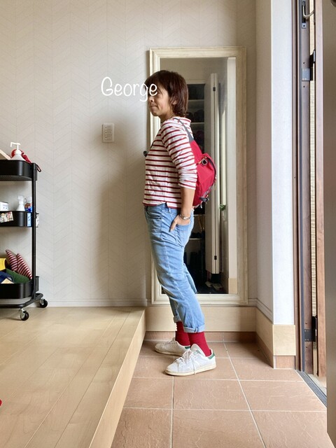 ユニクロの赤ボーダー しましま親子リンクコーデ Le Style George