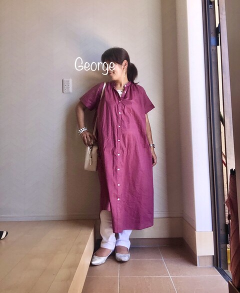 08 Guのバンドカラーギャザーワンピースを使ったマタニティコーデ むくみも隠すよ Le Style George