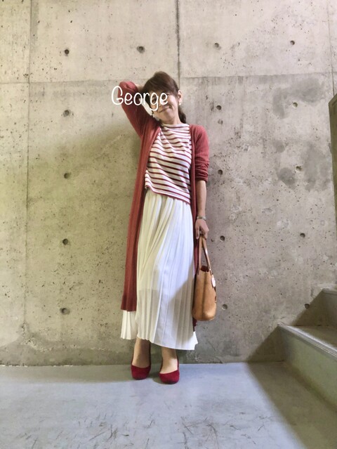 0526 ユニクロのボーダーシャツ ロングスカートにロングカーデ 赤と白で作る春の爽やかマタニティ Le Style George