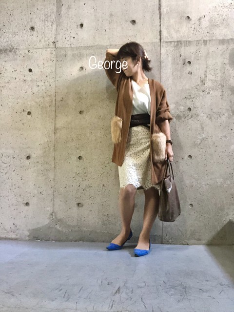 20191029 Beamsのレーススカートにサッシュベルト しまむらロング