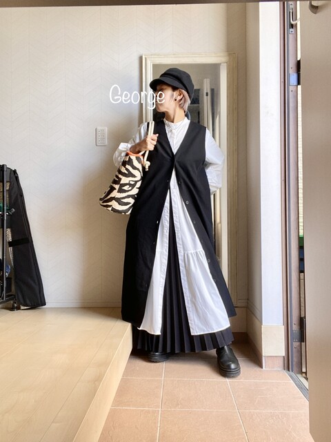 gogaku chemise et bebe シャツワンピース 20230525 GUのシャツワンピース、ジレと合わせたちょっと寒い日