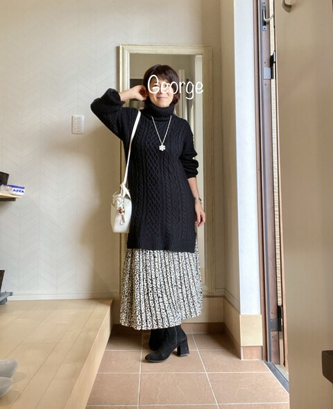 しまむらのニットワンピース ヒョウ柄スカートに合わせたモノトーンコーデ Le Style George しまむらのニットワンピース ヒョウ柄スカートに合わせたモノトーンコーデ Le Style George