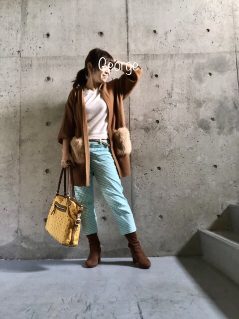 0124 しまむらのロングカーディガン 茶色ニットとペパーミントグリーンの爽やかコーデ Le Style George