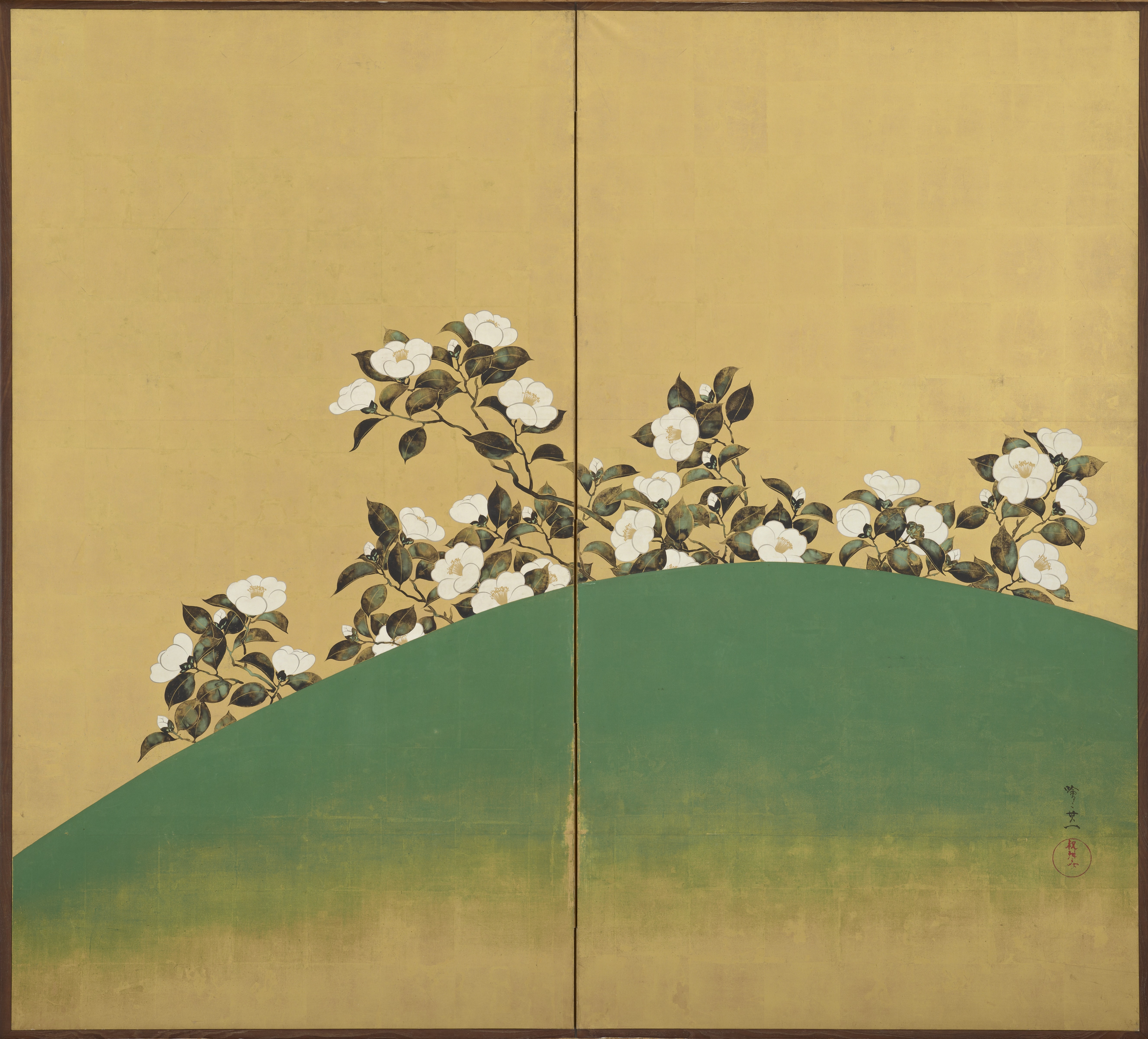 美品 鈴木其一「梅椿図屏風」工芸品 額縁入り 琳派 名画 和風