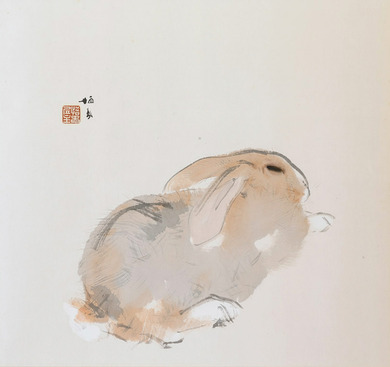 真作】版画 竹内栖鳳 木版画 宇佐幾 赤い目の兎 余白に遊ぶ