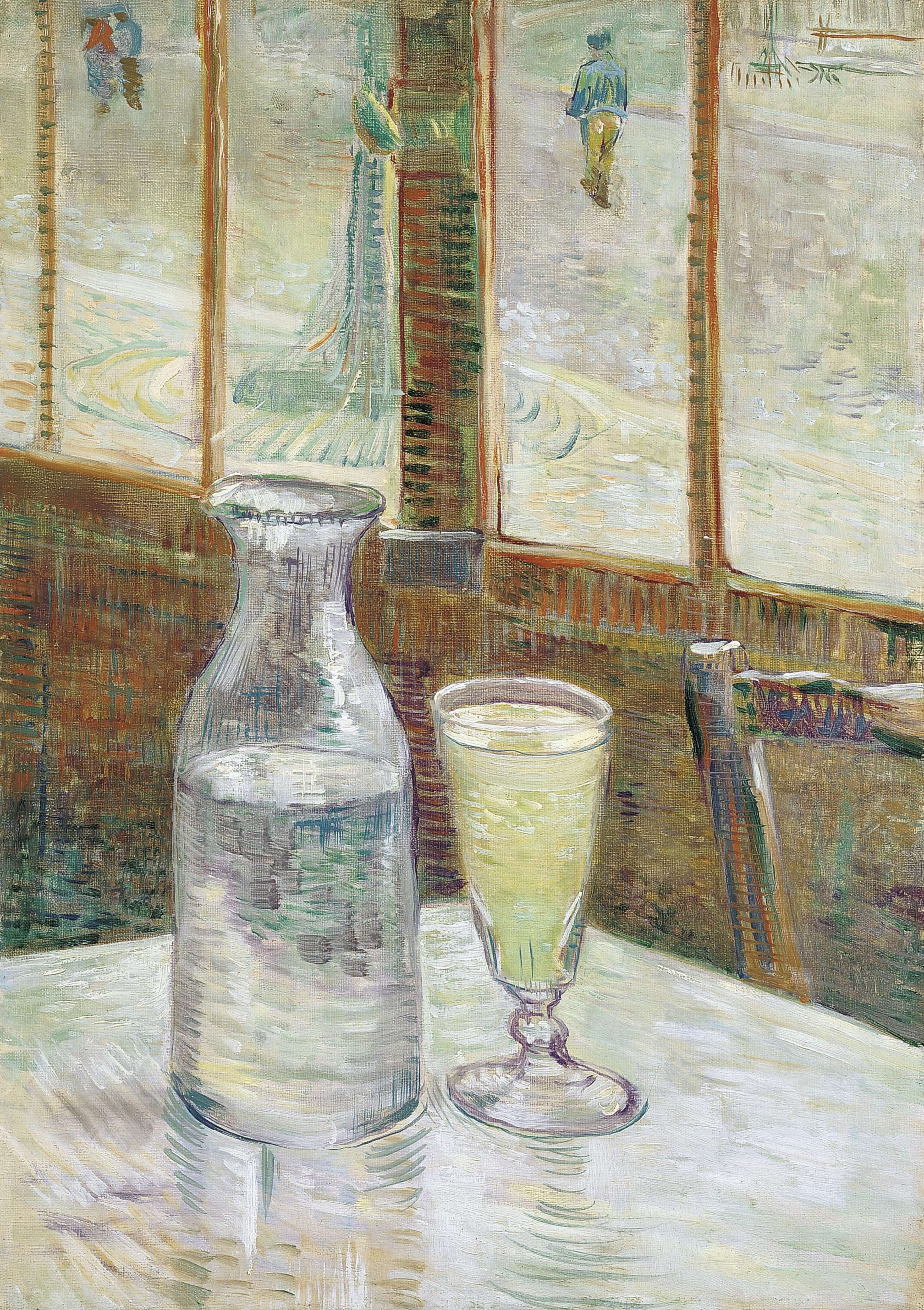 アブサンが置かれたテーブル　カラフェ　グラス2個　モチーフ　ゴッホ　絵画　作品 ファン・ゴッホ： アブサンが置かれたカフェテーブル｜「ゴッホ展 家族