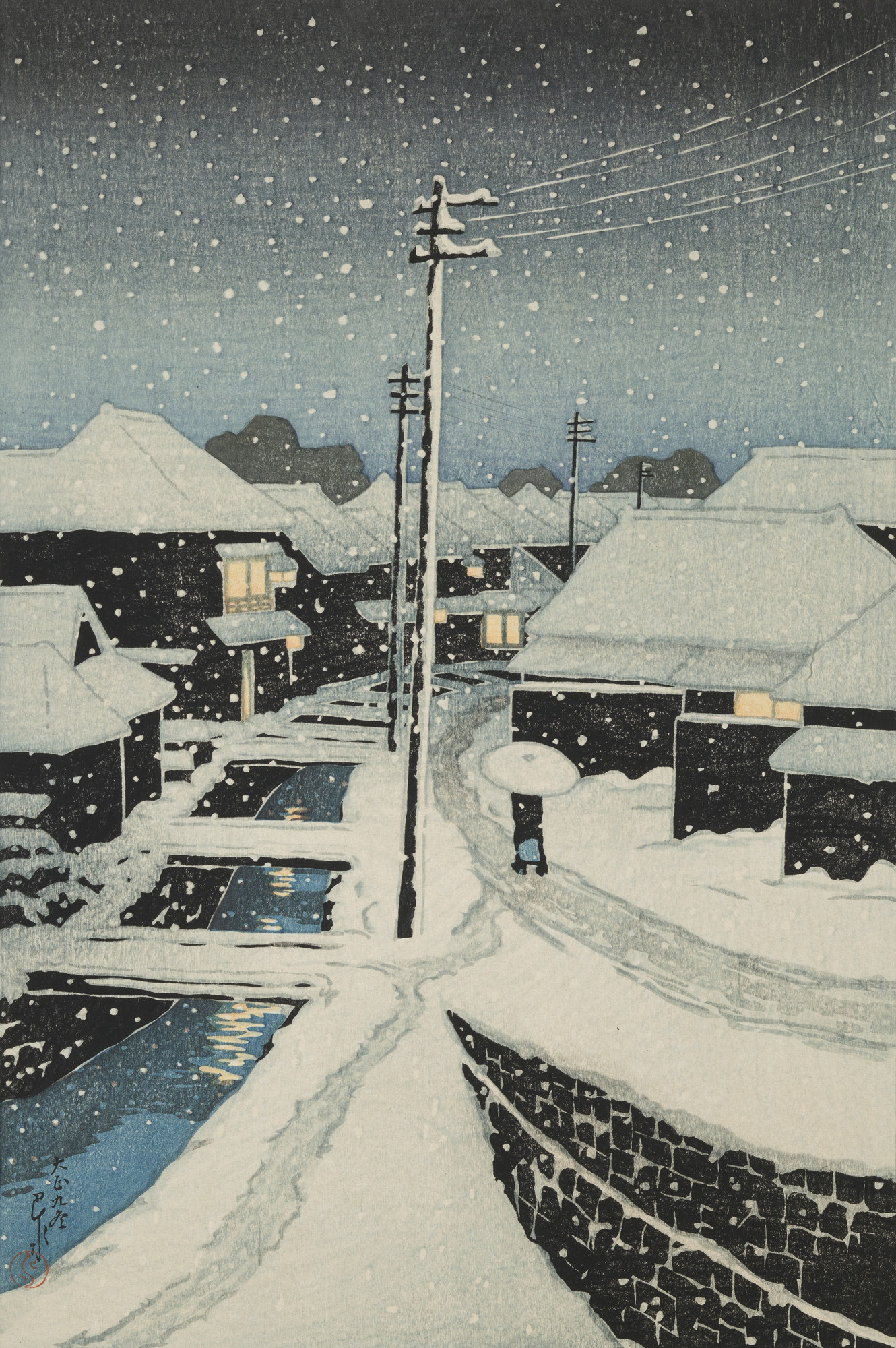 川瀬巴水 「暮るる雪 江戸川」 昭和7年 木版画 状態(優良) 本物保証 後摺 川瀬 巴水 / 暮れ雪（江戸川） | 神保町 | Gallery Soumei-do | そうめい堂