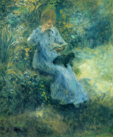 ルノワール： 庭で犬を膝にのせて読書する少女｜吉野石膏コレクション