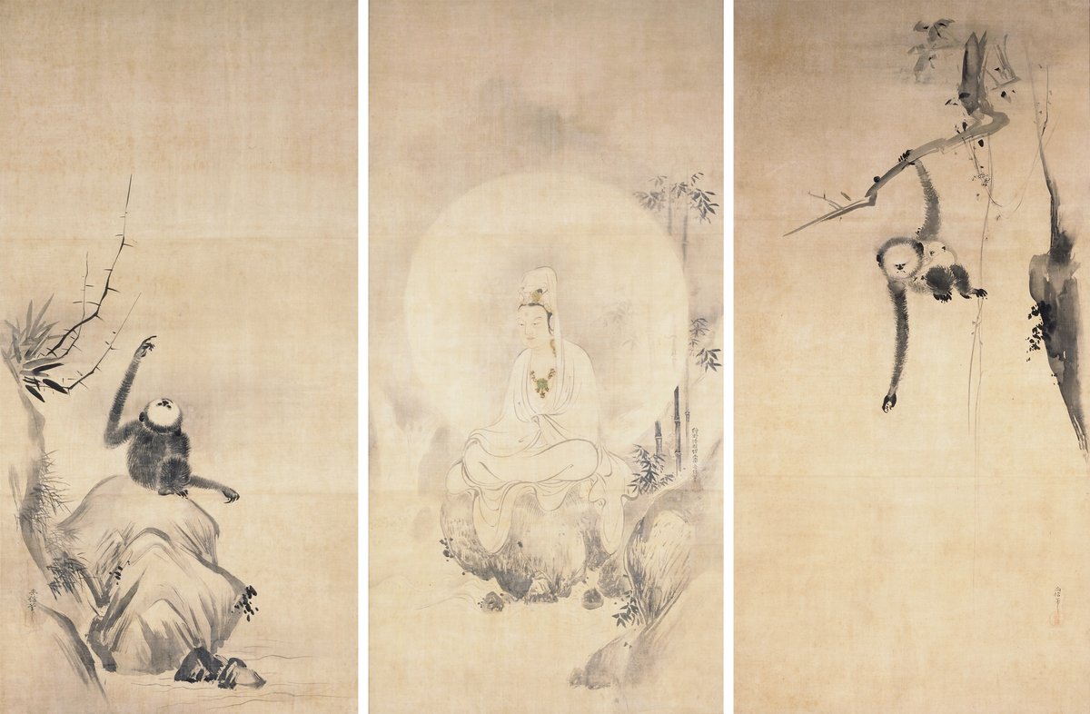 狩野探幽 三幅対 観音山水図 共箱のみ 鑑定書付き 絵画（日本）