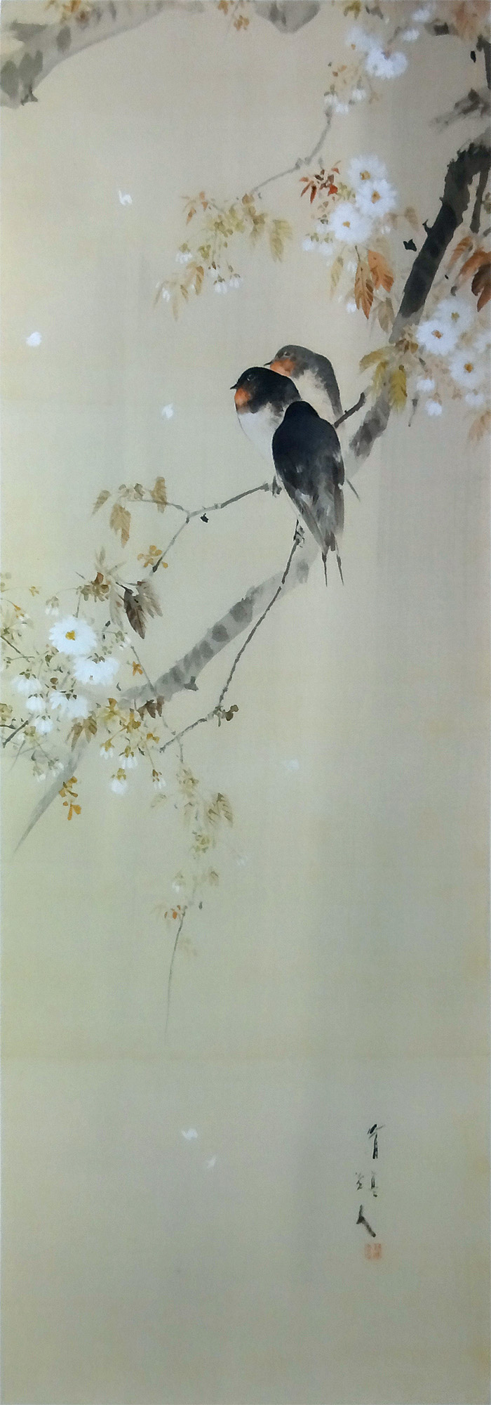 粛粲寶作☆ツバメと花 日本画 写実かそれとも意匠か 渡辺省亭の花鳥画｜雨中桜花つばめ図