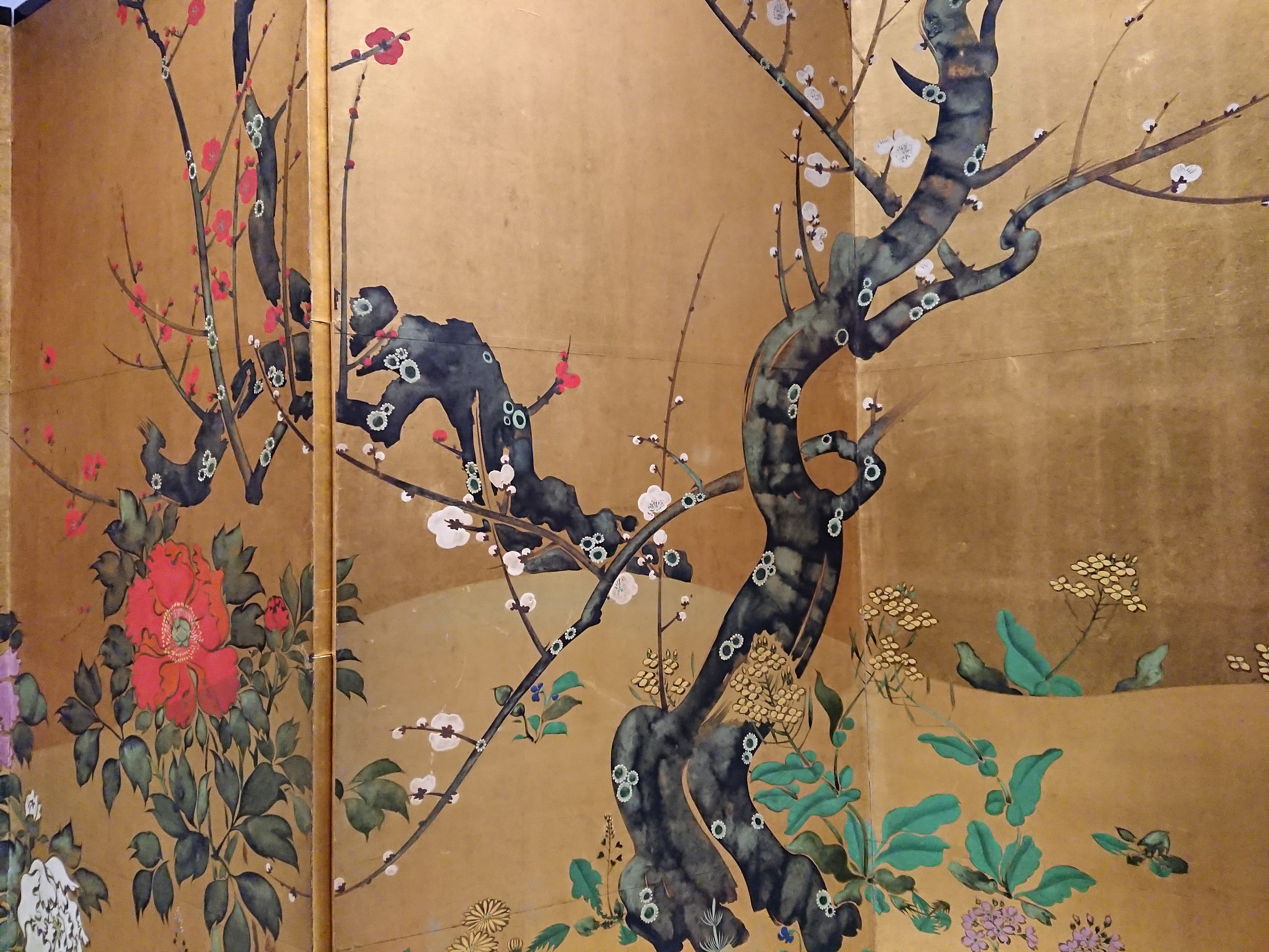 四つ折り屏風 日本画 金箔彩色 紅葉に露草 会津塗小型屏風『日本の雅