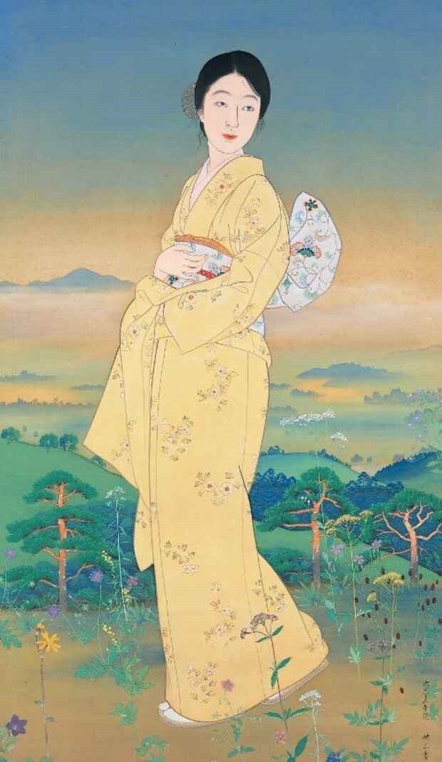 【真作】絵画　松岡映丘　日本画（色紙）　松影を見上げて　静謐な墨彩　X37 真作】絵画 松岡映丘 日本画（色紙） 松影を見上げて 静謐な墨彩