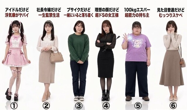 【画像】童貞はなぜか6番を選んでしまう写真に1人だけ異端女子が混じるｗｗｗｗｗｗ