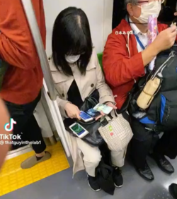 電車の中でドラクエウォークする女性