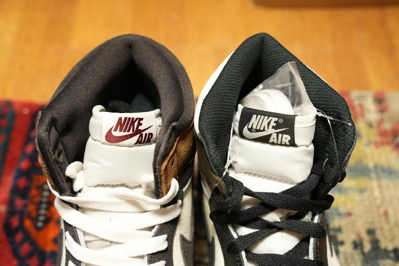 NIKE AIR JORDAN 1 HIGH OG LOVE LETTER AJ1ダークモカの履き口とクッションの厚みを比較