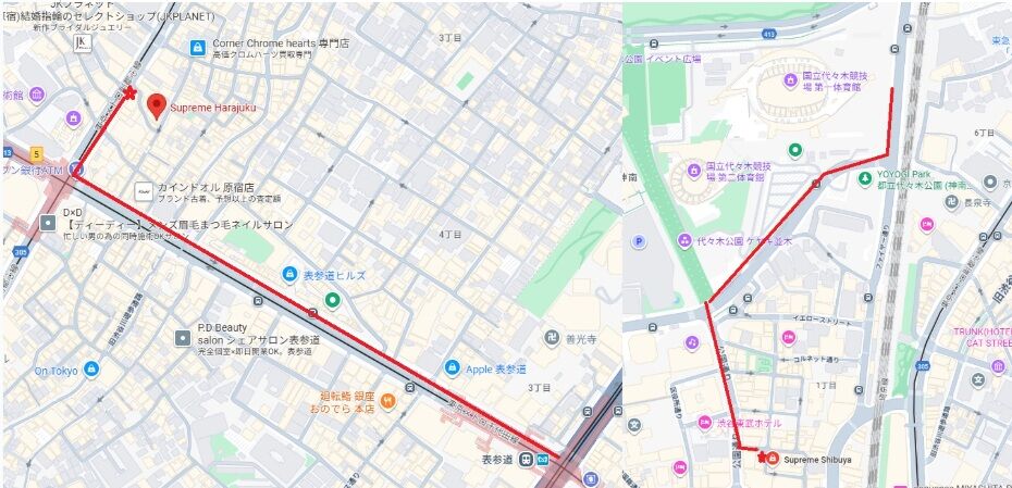 シュプリーム原宿店と渋谷店の待機列