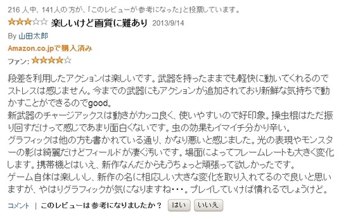 悲報 3ds モンスターハンター4 のamazonレビュー 面白いけど