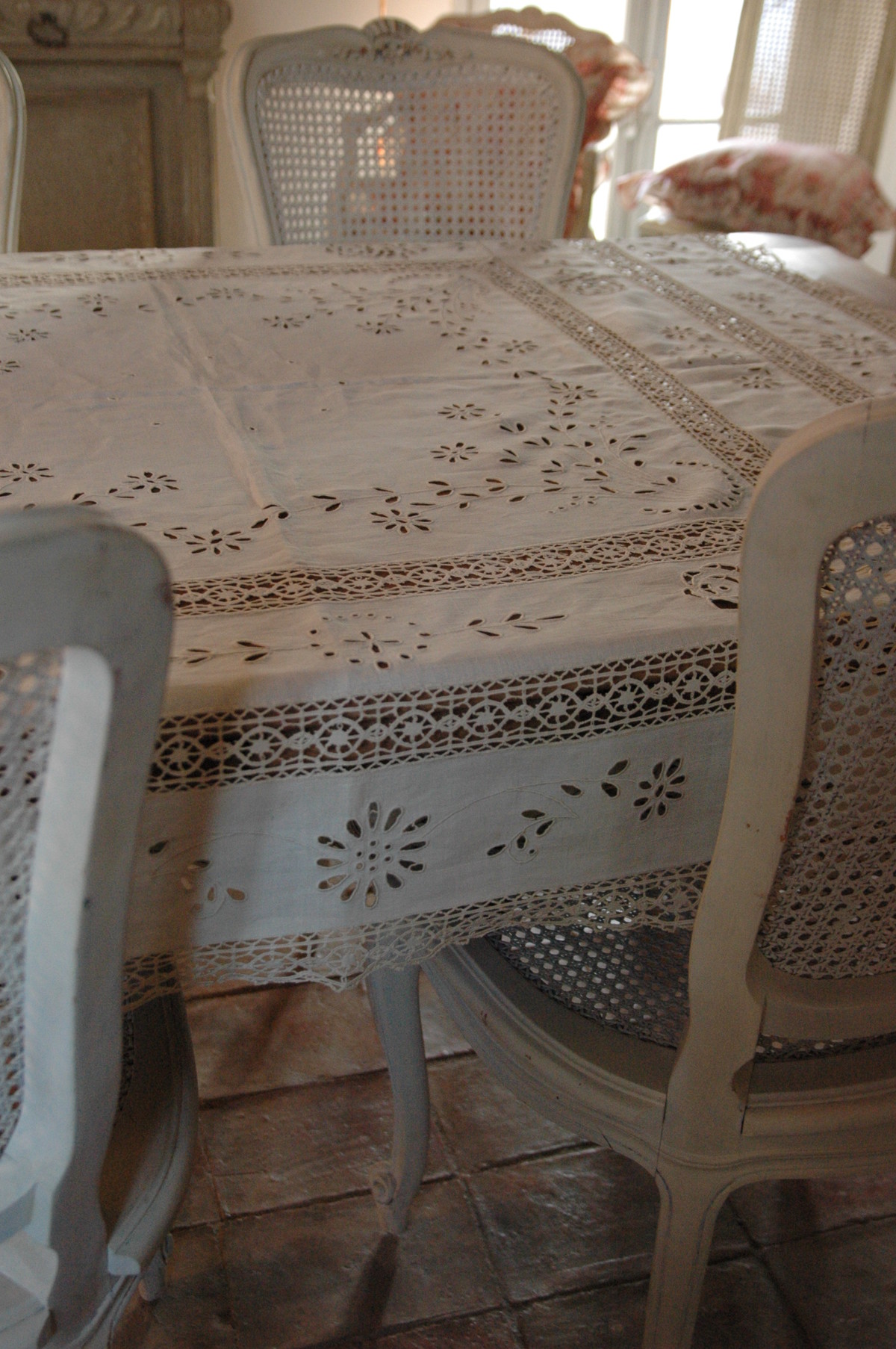 フランス アンティーク 蝶々刺繍 テーブルクロス フランス