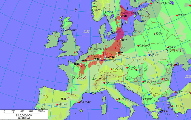 結構大きい 日本の国土面積(欧州地図の上に配置)4