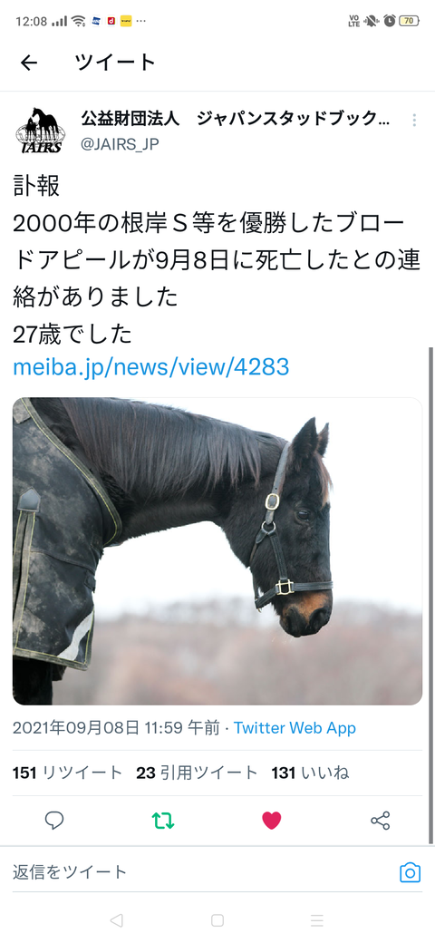 ワグネリアンの祖母 ブロードアピール 27歳で死亡 競速 ワグネリアンの祖母 ブロードアピール 27歳で死亡 競速