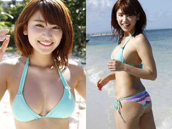 砂浜で水着グラビア撮影中の久松郁実