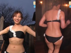 女子アナ白戸ゆめのがむっちりおっぱい丸出し水着サウナ体験