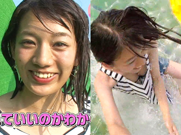 Fカップ巨乳の佐藤美希(23)がウォータースライダーでビショ濡れ&胸チラ!