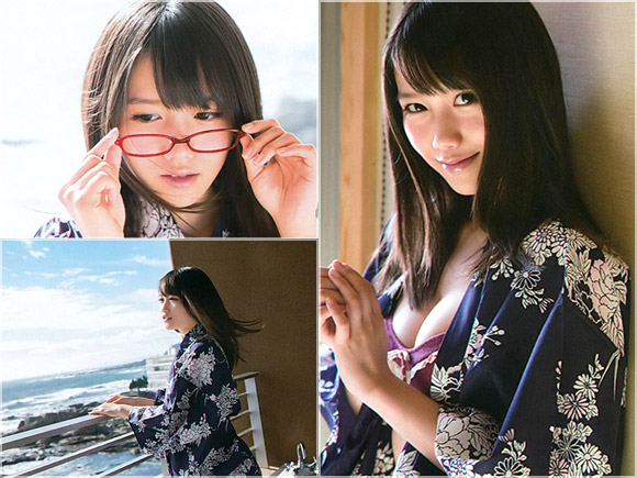 トレードマークの赤いメガネを外して浴衣姿で胸を露出させる加藤里保菜。彼氏だけに見せるプライベートな表情と素肌にドキドキの高画質グラビア画像