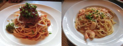 マグロのトマトソース、帆立とエビのロブスタークリームソース