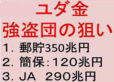 ユダ金 郵貯350兆円 簡保120兆円 JA290兆円